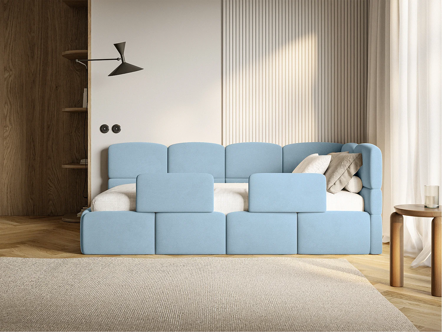 Lit enfant 90x200 – barrière – tête de lit à droite – velours Bleu clair – CLOUDY