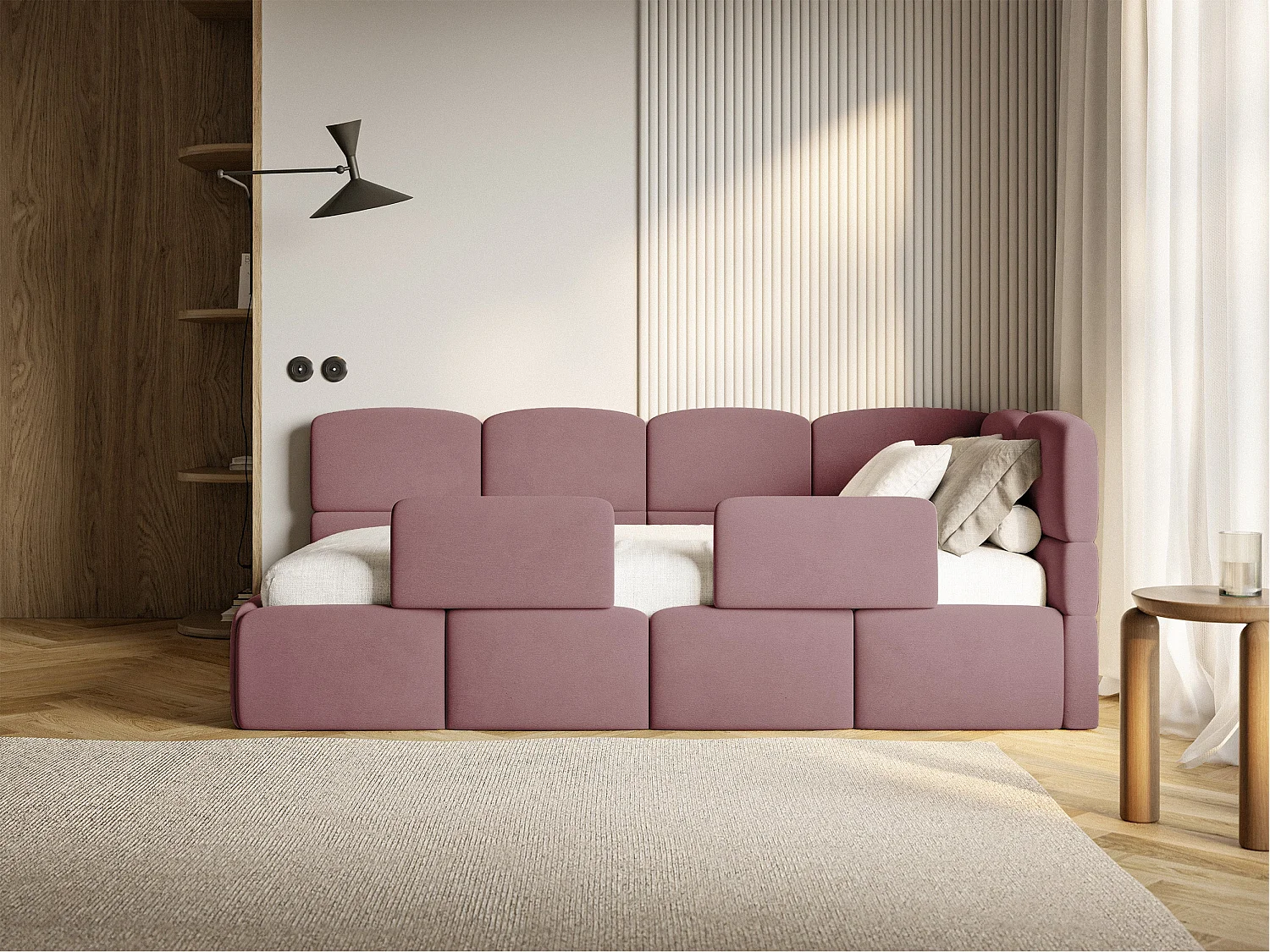 Lit enfant 120x200 cm – tête de lit à droite – matelas & coffre de rangement – velours rose – CLOUDY