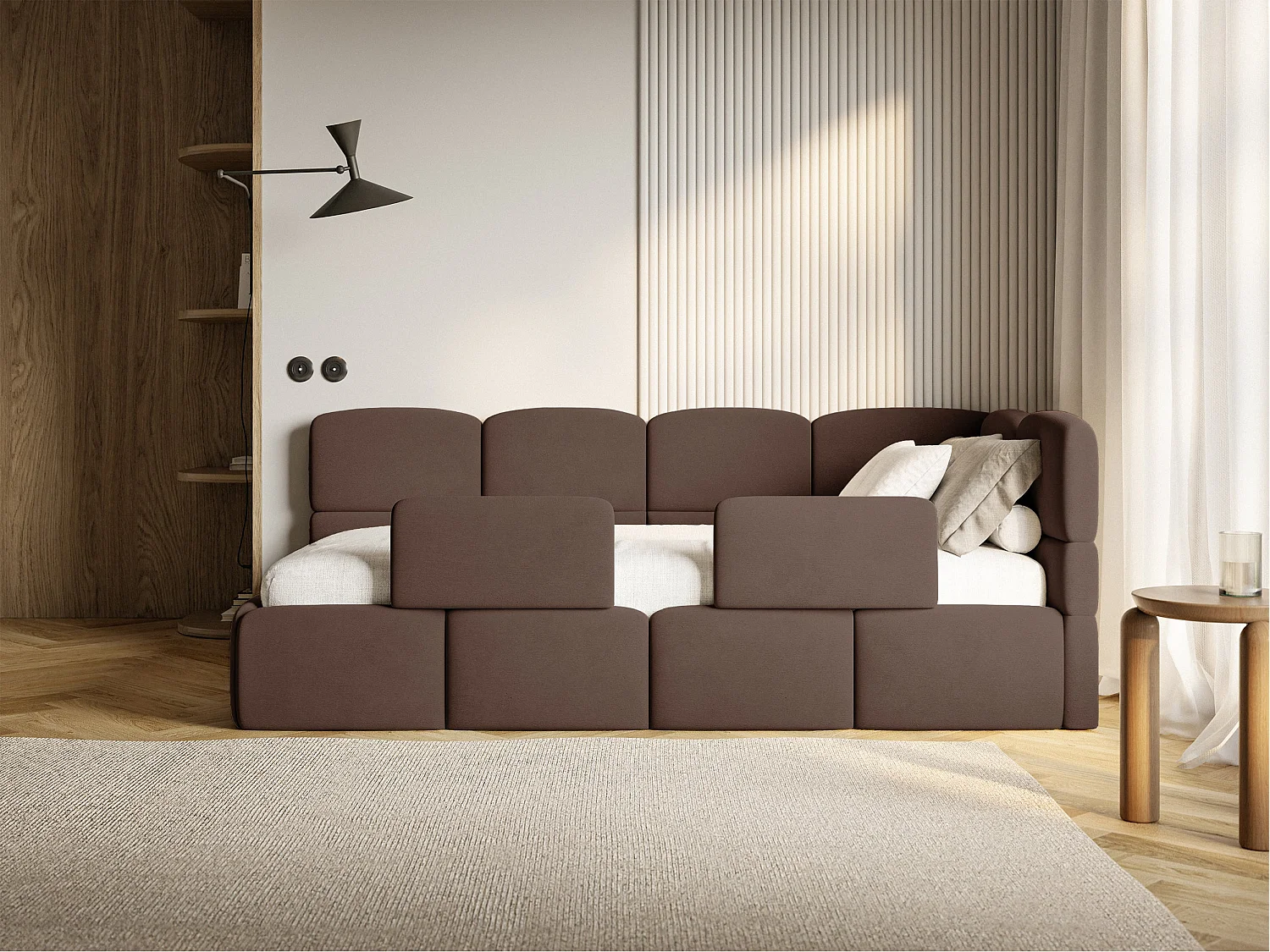 Lit enfant 120x200 cm – tête de lit à droite – 2 barrières – velours brun – CLOUDY