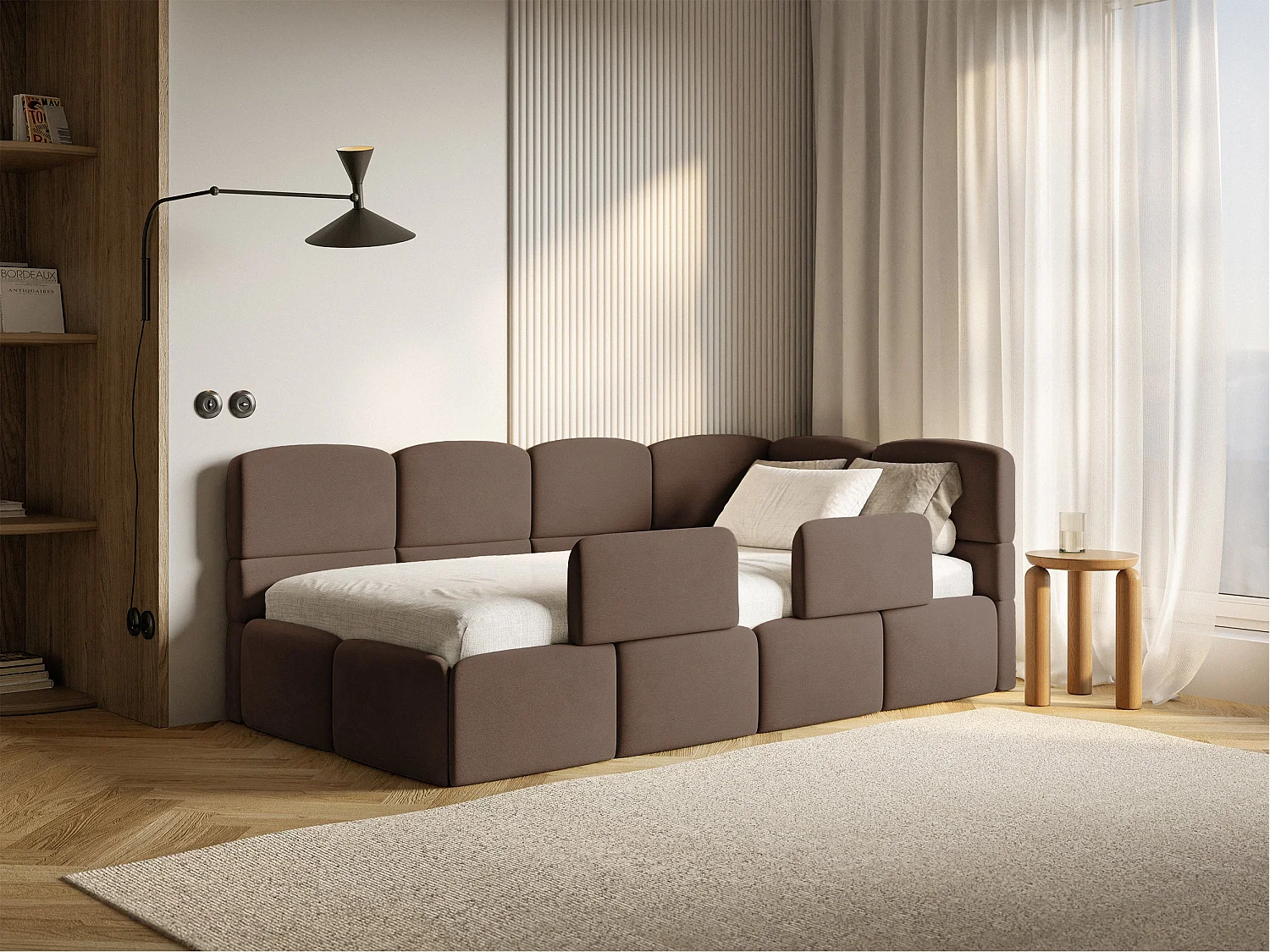 Lit enfant 120x200 cm – tête de lit à droite – 2 barrières – velours brun – CLOUDY