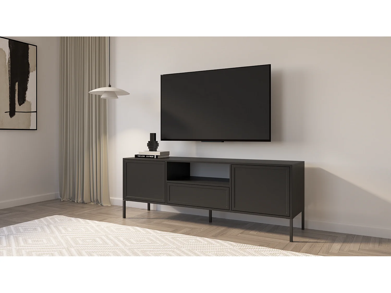 Meuble TV 2 portes avec tiroir et niche – Noir – 160 cm - VELVETO
