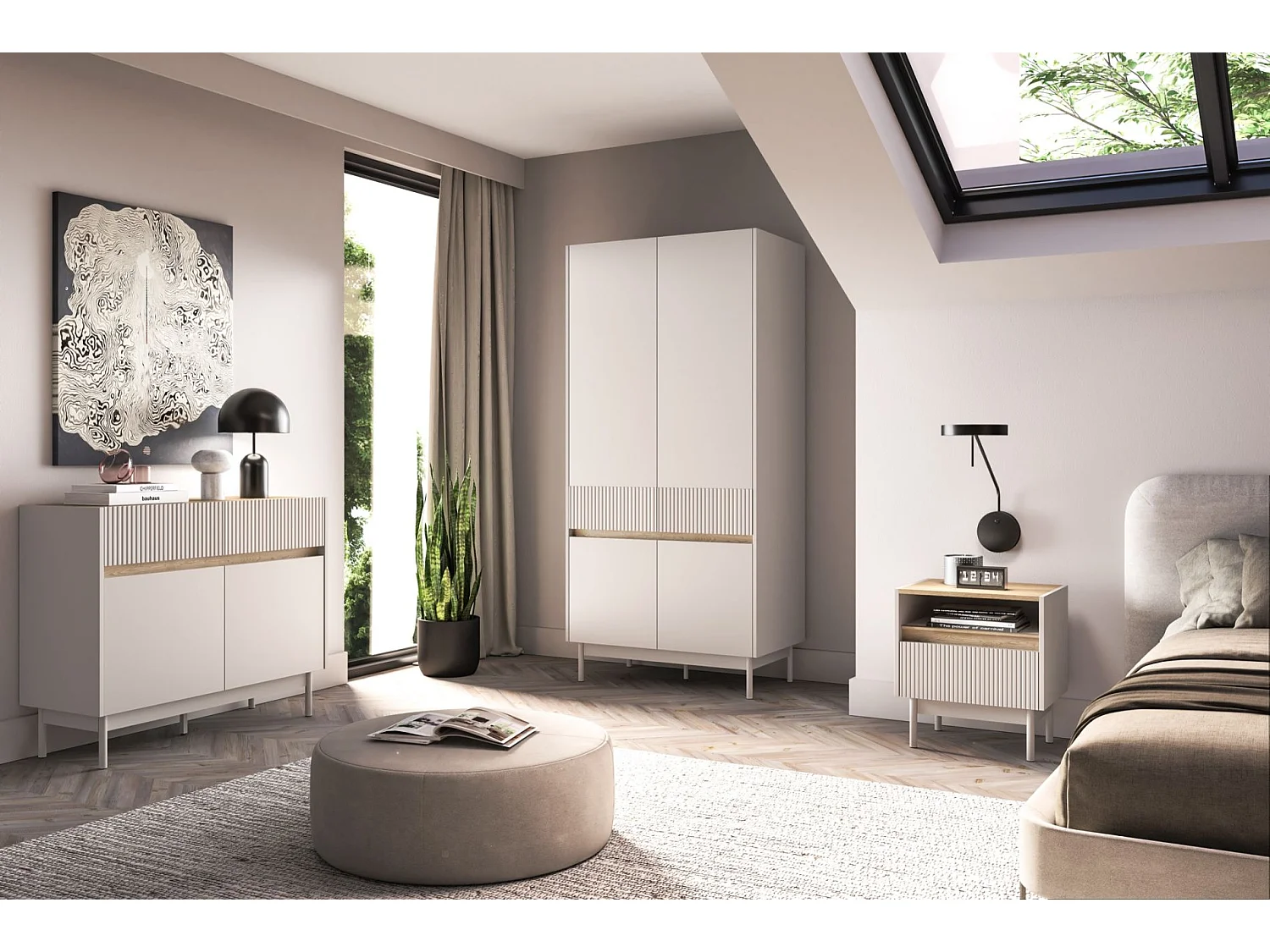 Kledingkast 4-deurs – Kasjmier grijs/eikenlook – 92 cm – DUNEA