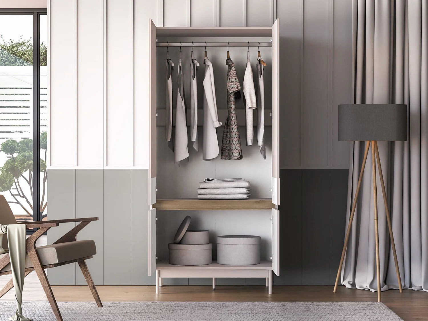 Kledingkast 4-deurs – Kasjmier grijs/eikenlook – 92 cm – DUNEA