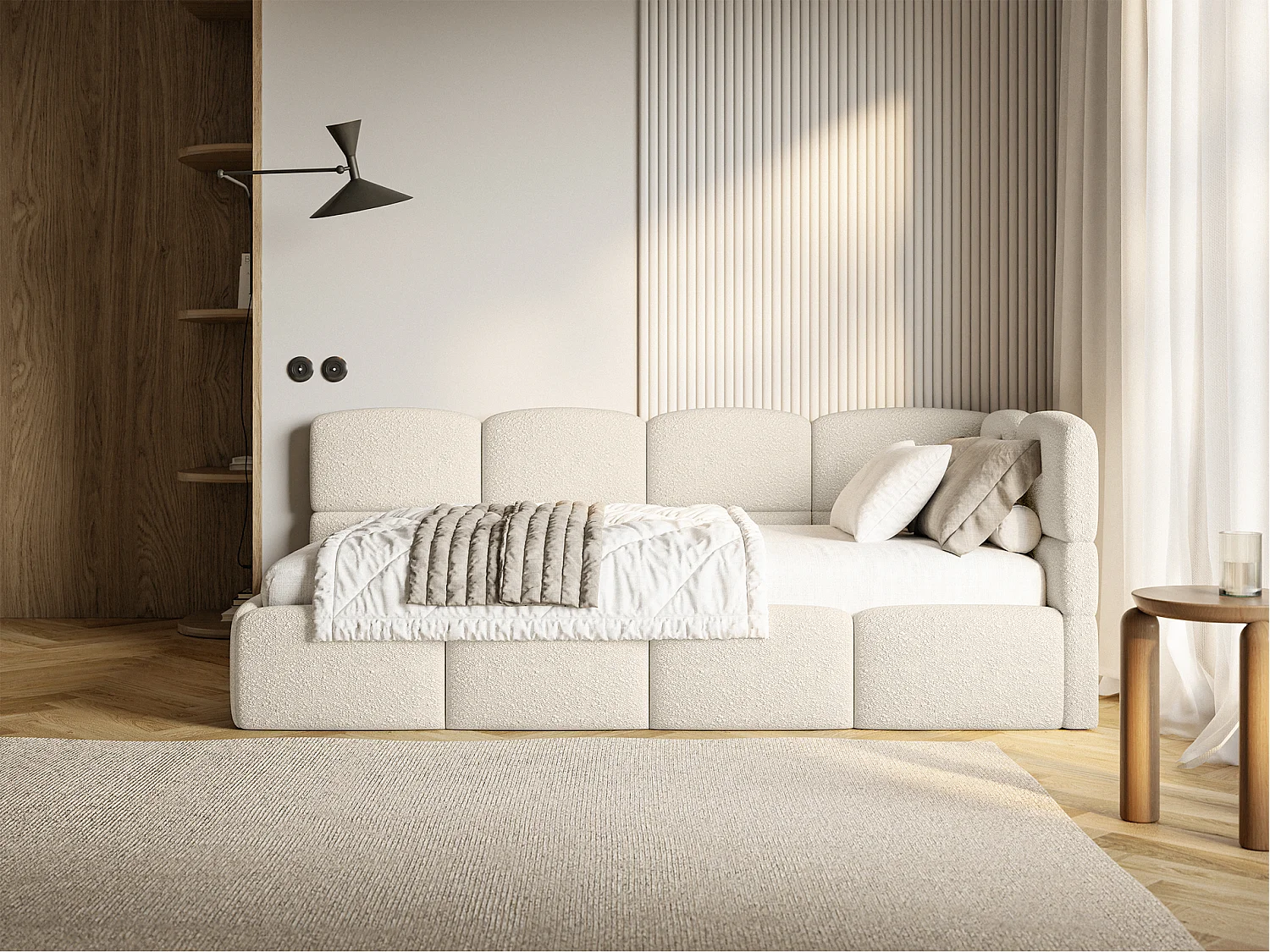 Lit ado 120x200 cm – tête de lit à droite – bouclé beige clair – CLOUDY