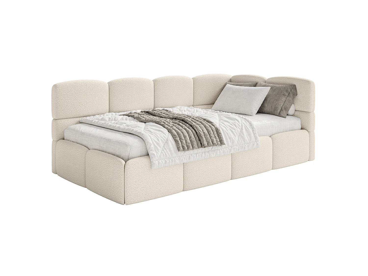 Lit ado 120x200 cm – tête de lit à droite – bouclé beige clair – CLOUDY