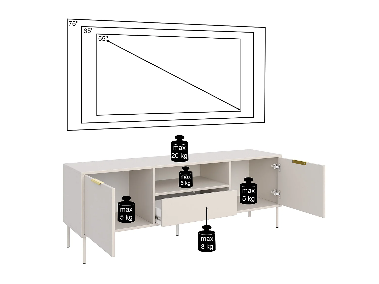Meuble TV 2 portes avec tiroir et niche – Noir – 160 cm - VENA