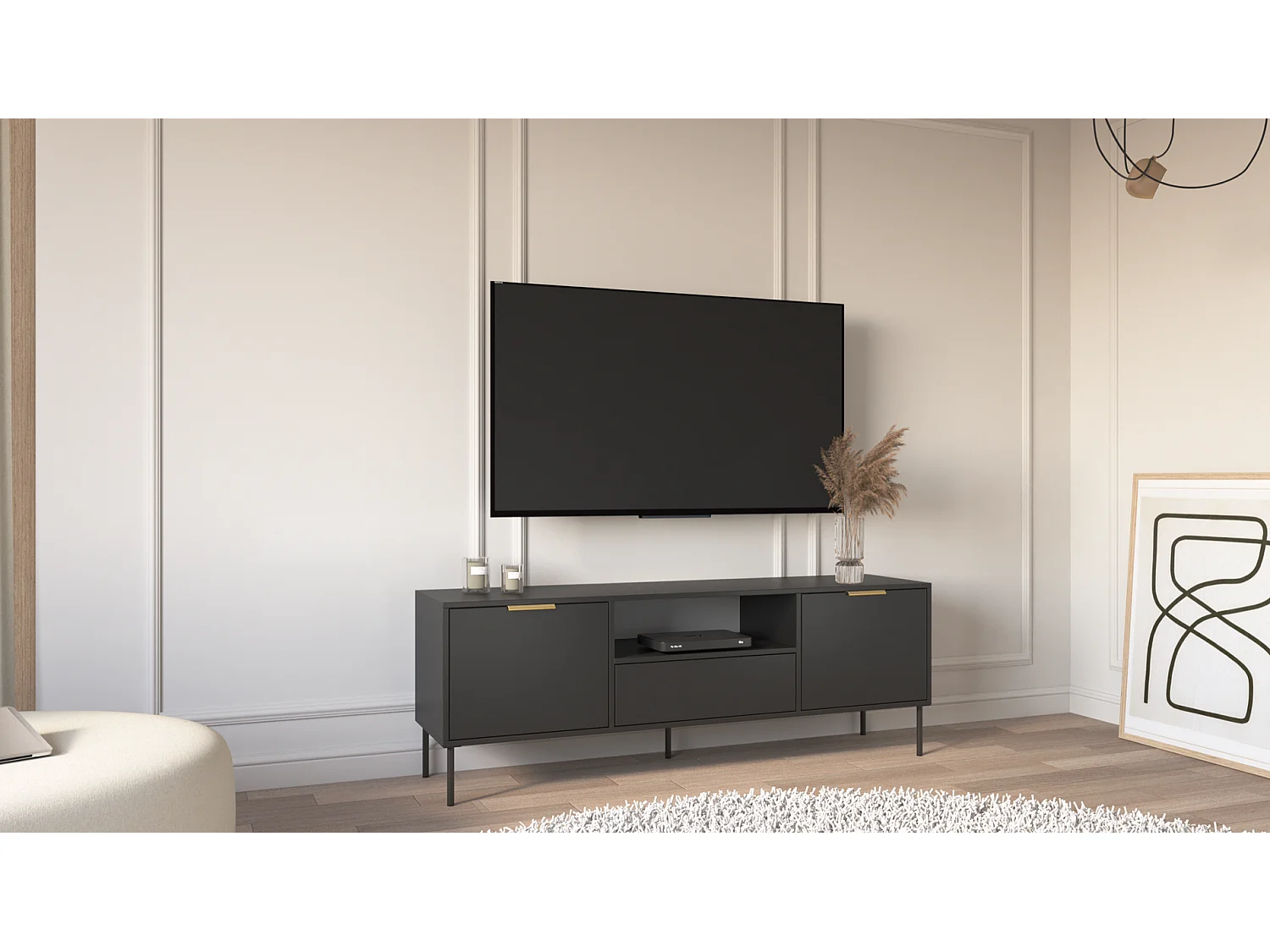 Meuble TV 2 portes avec tiroir et niche – Noir – 160 cm - VENA
