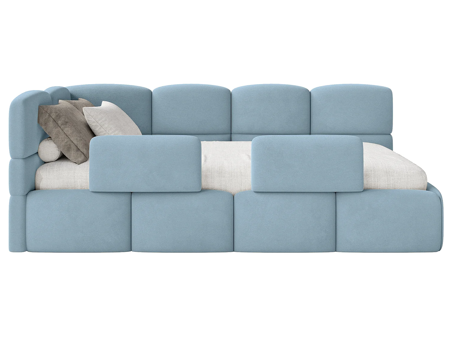 Lit enfant 90x200 – barrière – tête de lit à gauche – velours Bleu clair – CLOUDY
