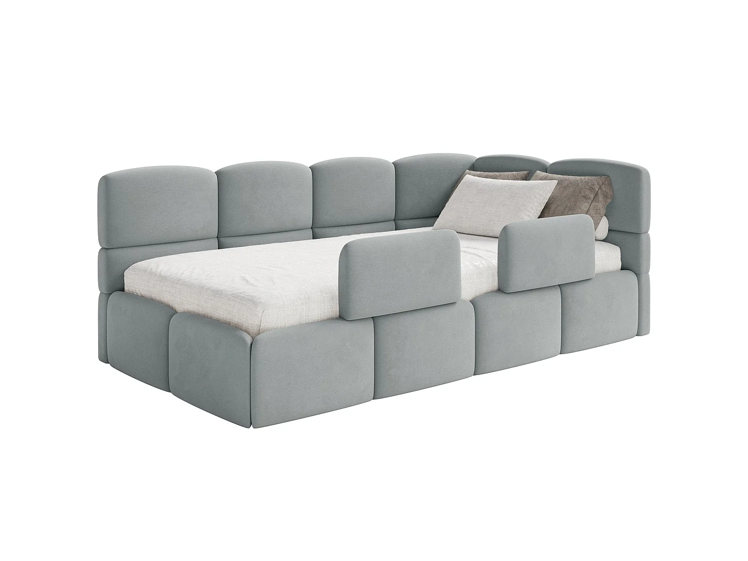 Lit enfant 120x200 cm – tête de lit à droite – matelas & coffre de rangement – velours gris – CLOUDY