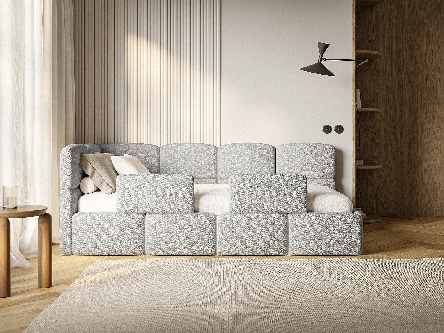 Lit enfant 120x200 cm – tête de lit à gauche – 2 barrières – bouclé gris clair – CLOUDY