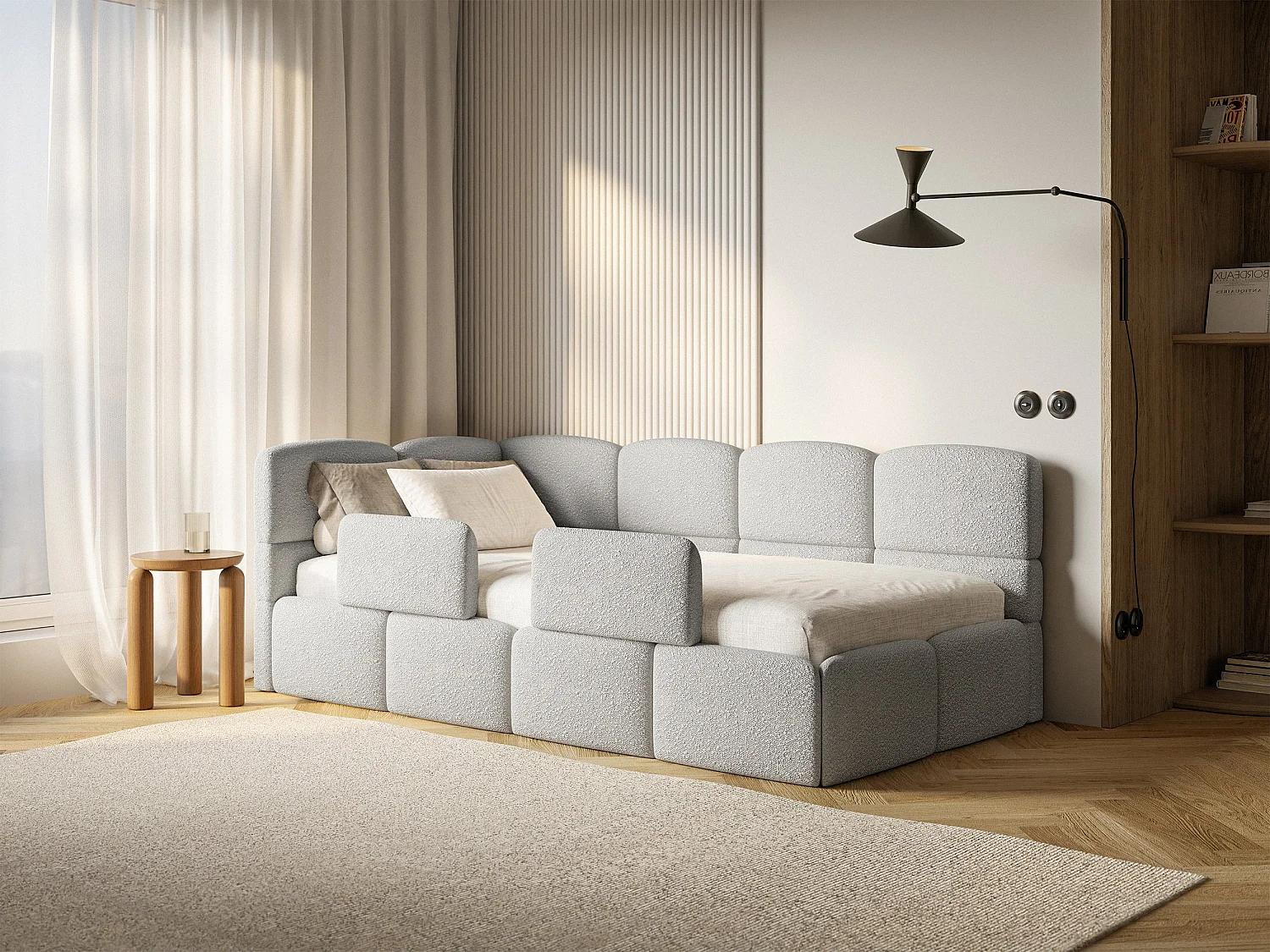 Lit enfant 120x200 cm – tête de lit à gauche – 2 barrières – bouclé gris clair – CLOUDY