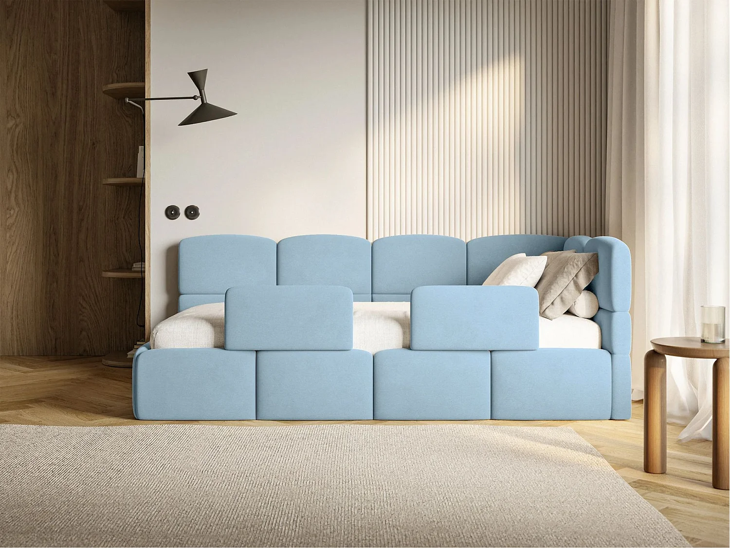 Lit enfant 120x200 cm – tête de lit à droite – matelas & coffre de rangement – velours bleu clair – CLOUDY