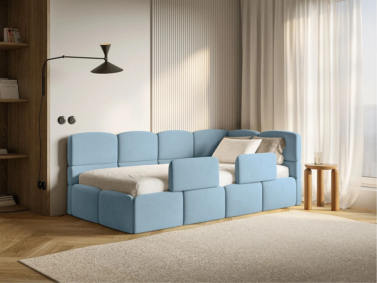 Kinderbed 120x200 – fluweel – Lichtblauw – rechts – CLOUDY