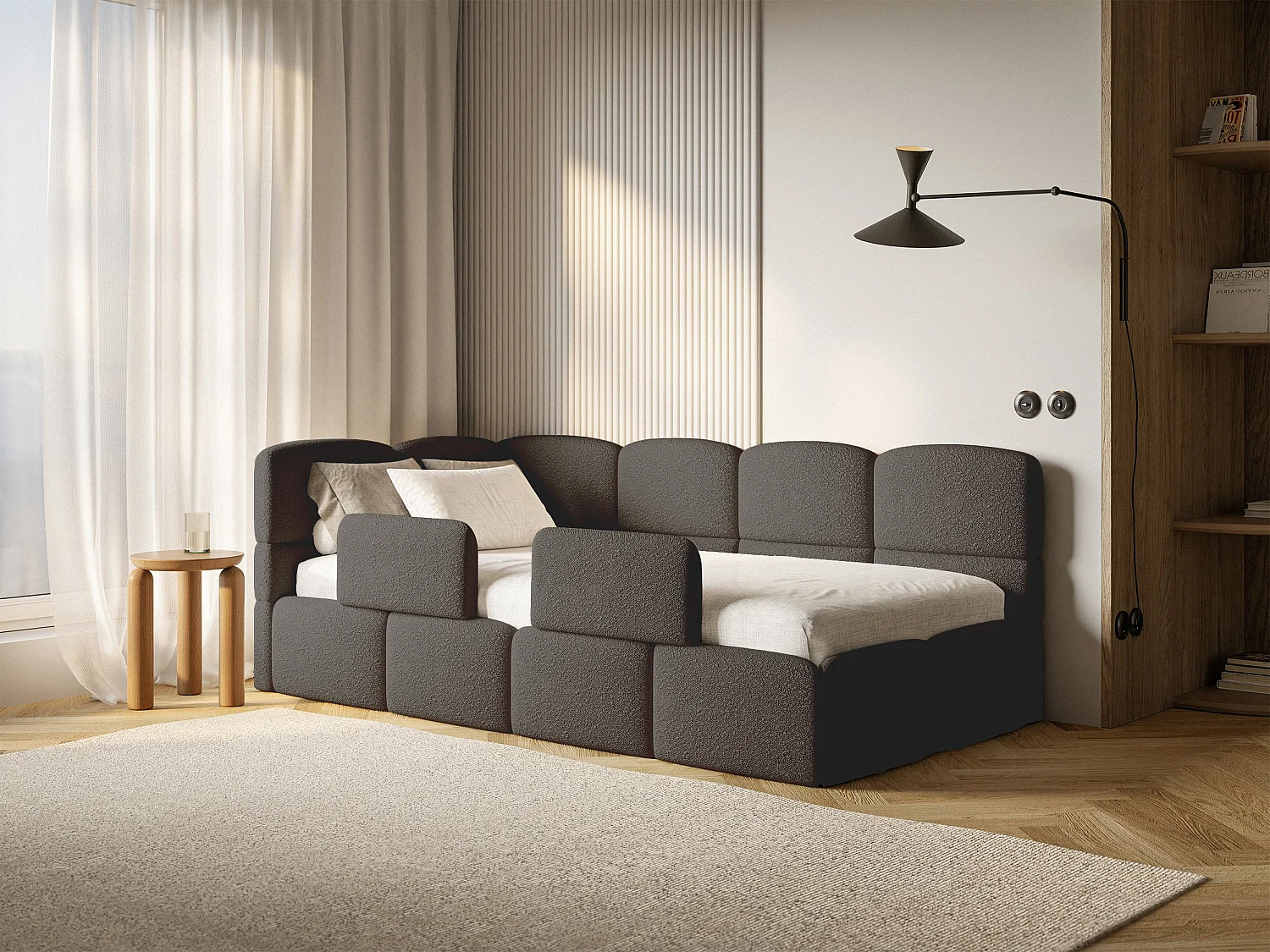 Lit enfant 120x200 cm – tête de lit à gauche – matelas & coffre de rangement – en bouclé marron – CLOUDY
