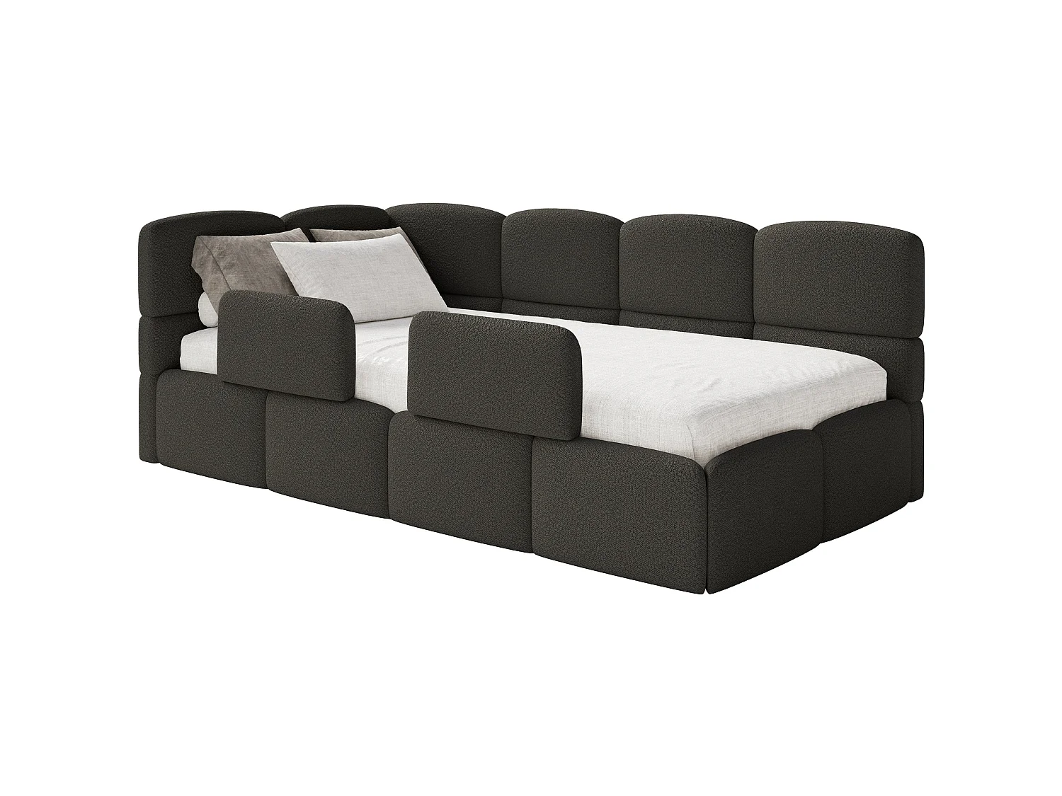 Lit enfant 120x200 cm – tête de lit à gauche – matelas & coffre de rangement – en bouclé marron – CLOUDY