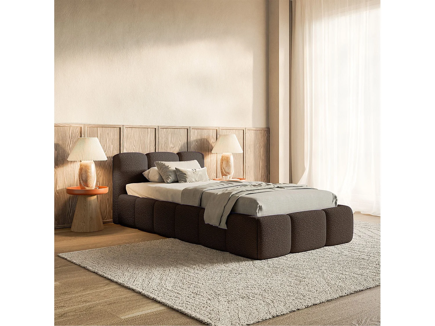 Gestoffeerd bed 90x200 cm – Bouclé Bruin – CLOUDY LOW
