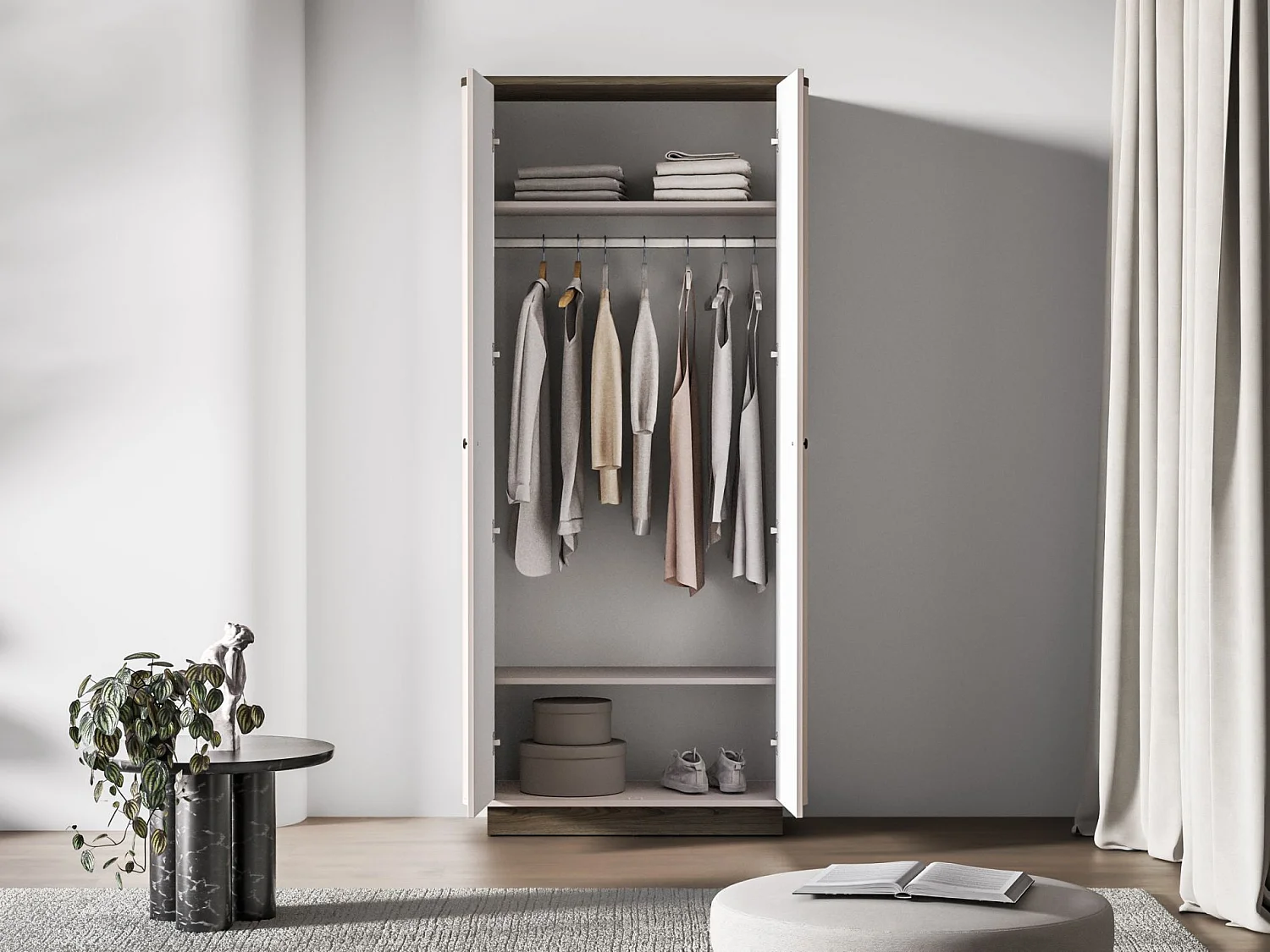 Kleiderschrank 2-türig – Kleiderstange & Fächer – Kaschmir/Eicheoptik – 92 cm – VILAVIO