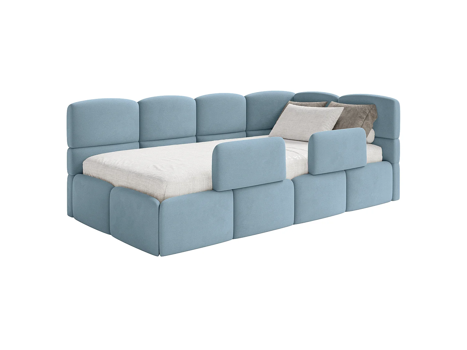 Lit enfant 120x200 cm – tête de lit à droite – 2 barrières – velours bleu clair – CLOUDY