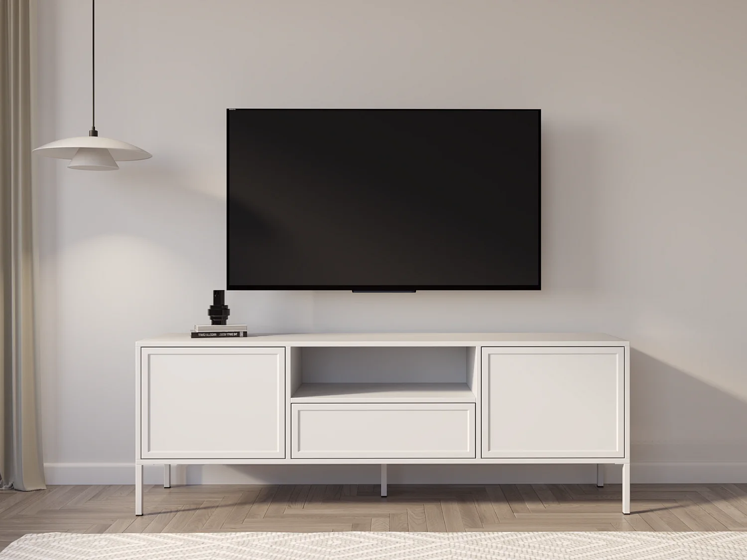 Meuble TV 2 portes avec tiroir et niche – Blanc – 160 cm - VELVETO