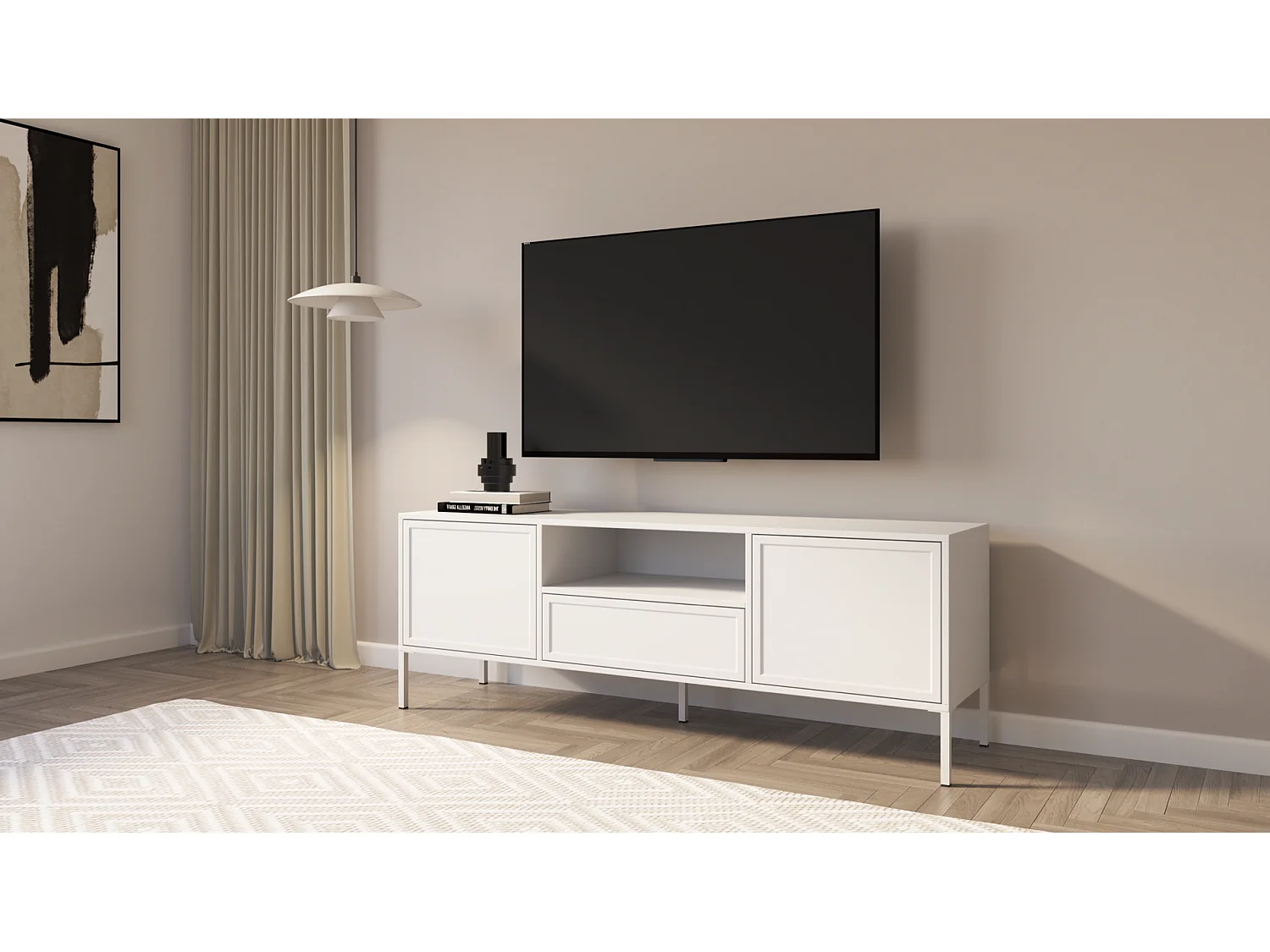 Meuble TV 2 portes avec tiroir et niche – Blanc – 160 cm - VELVETO