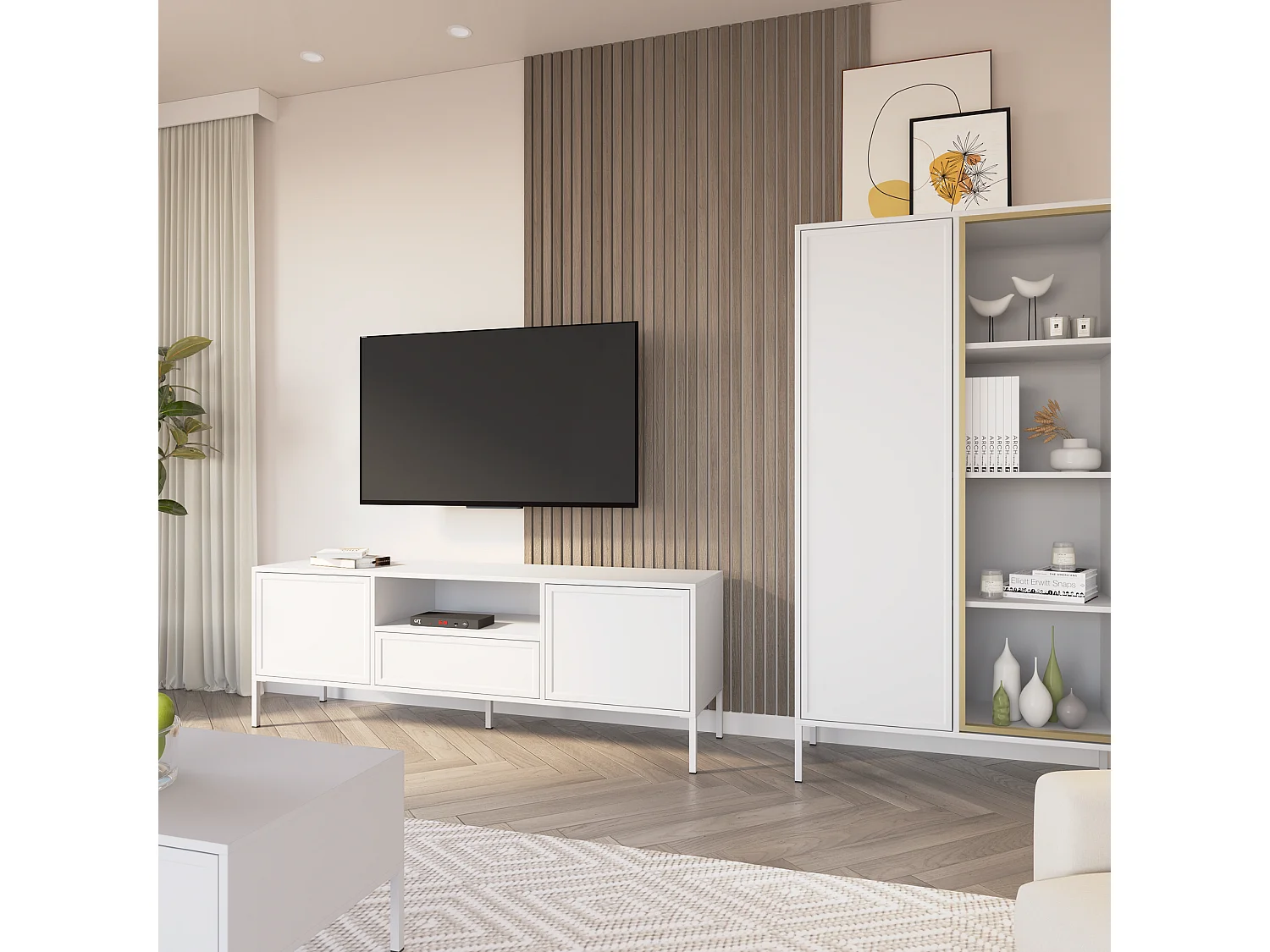 Meuble TV 2 portes avec tiroir et niche – Blanc – 160 cm - VELVETO