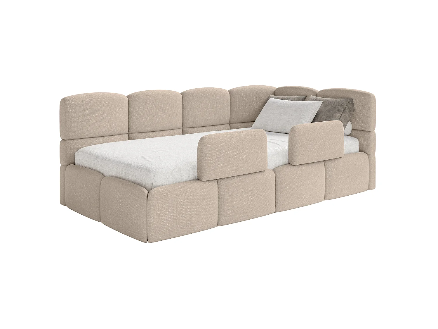 Kinderbett 120 cm – Bettkasten – 2x Rausfallschutz – Chenille – rechts – Beige – CLOUDY