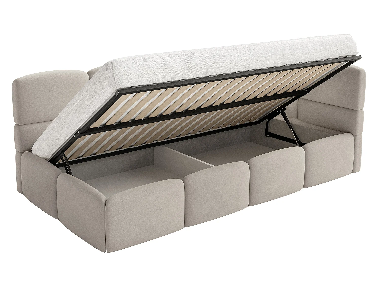 Kinderbett 120 cm – Bettkasten – 2x Rausfallschutz – Velours – rechts – Hellbeige – CLOUDY