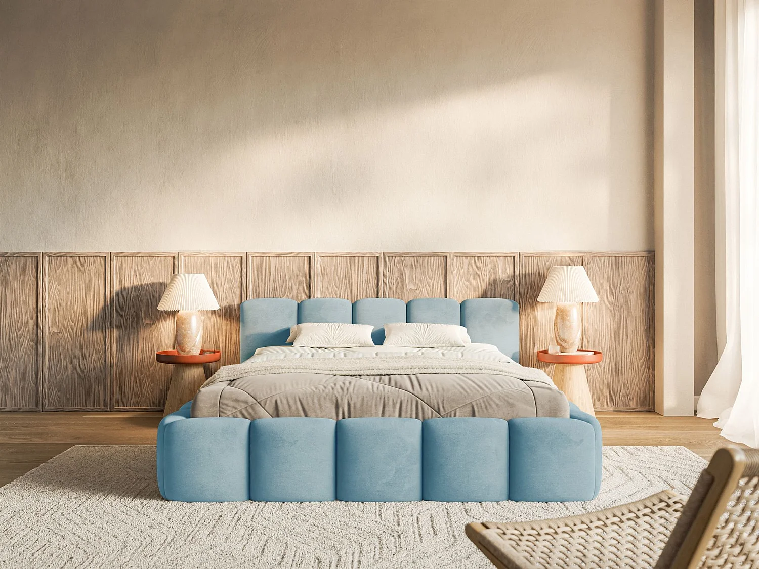 Lit rembourré 120x200 – avec coffre – Velours Bleu ciel – CLOUDY LOW