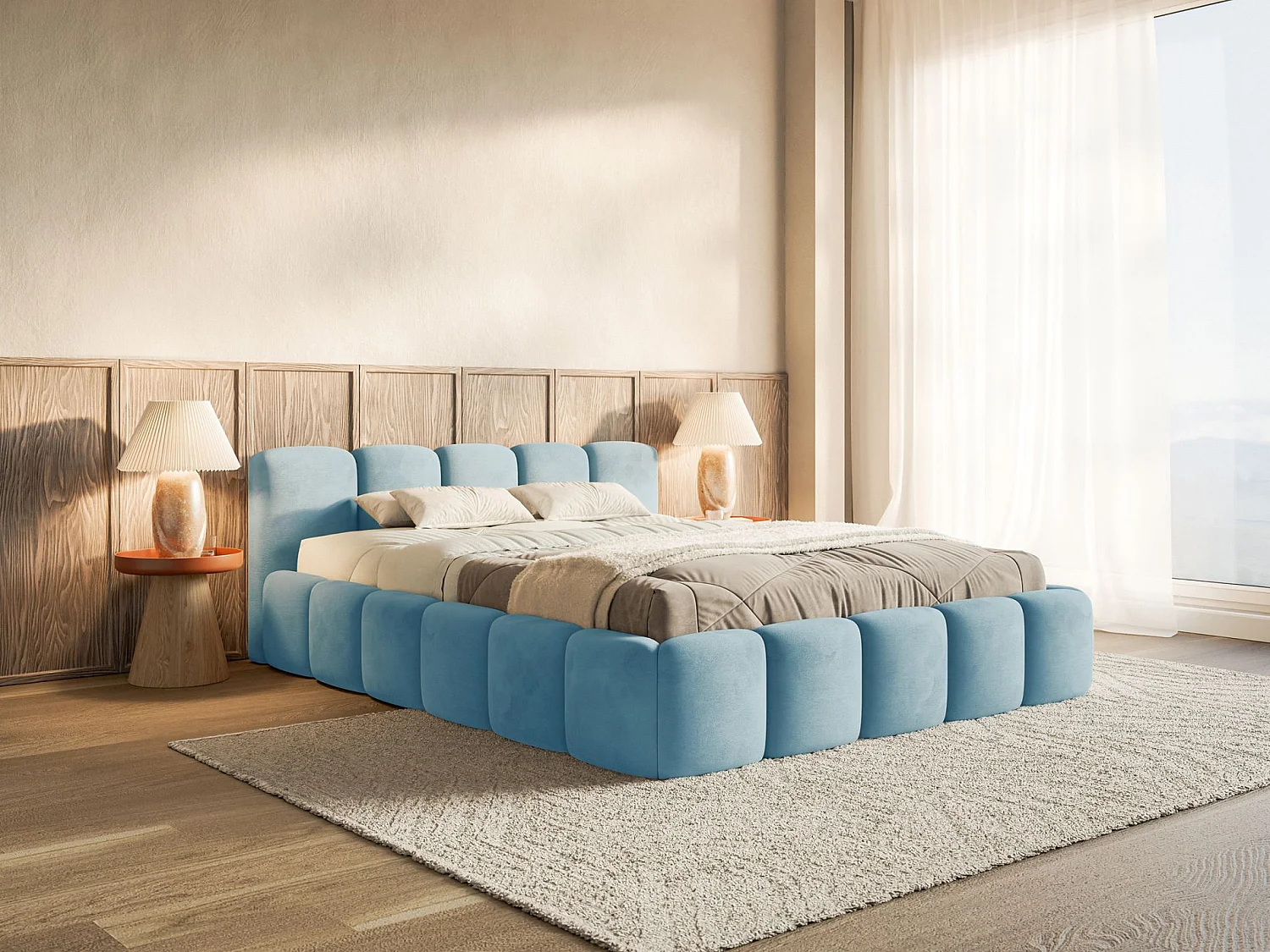 Lit rembourré 120x200 – avec coffre – Velours Bleu ciel – CLOUDY LOW