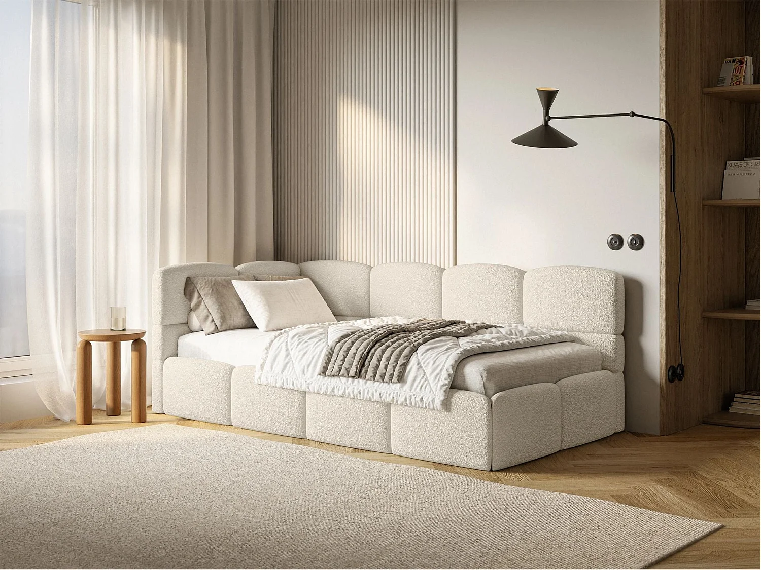 Lit ado 120x200 cm – tête de lit à gauche – matelas & coffre de rangement – bouclé beige clair – CLOUDY