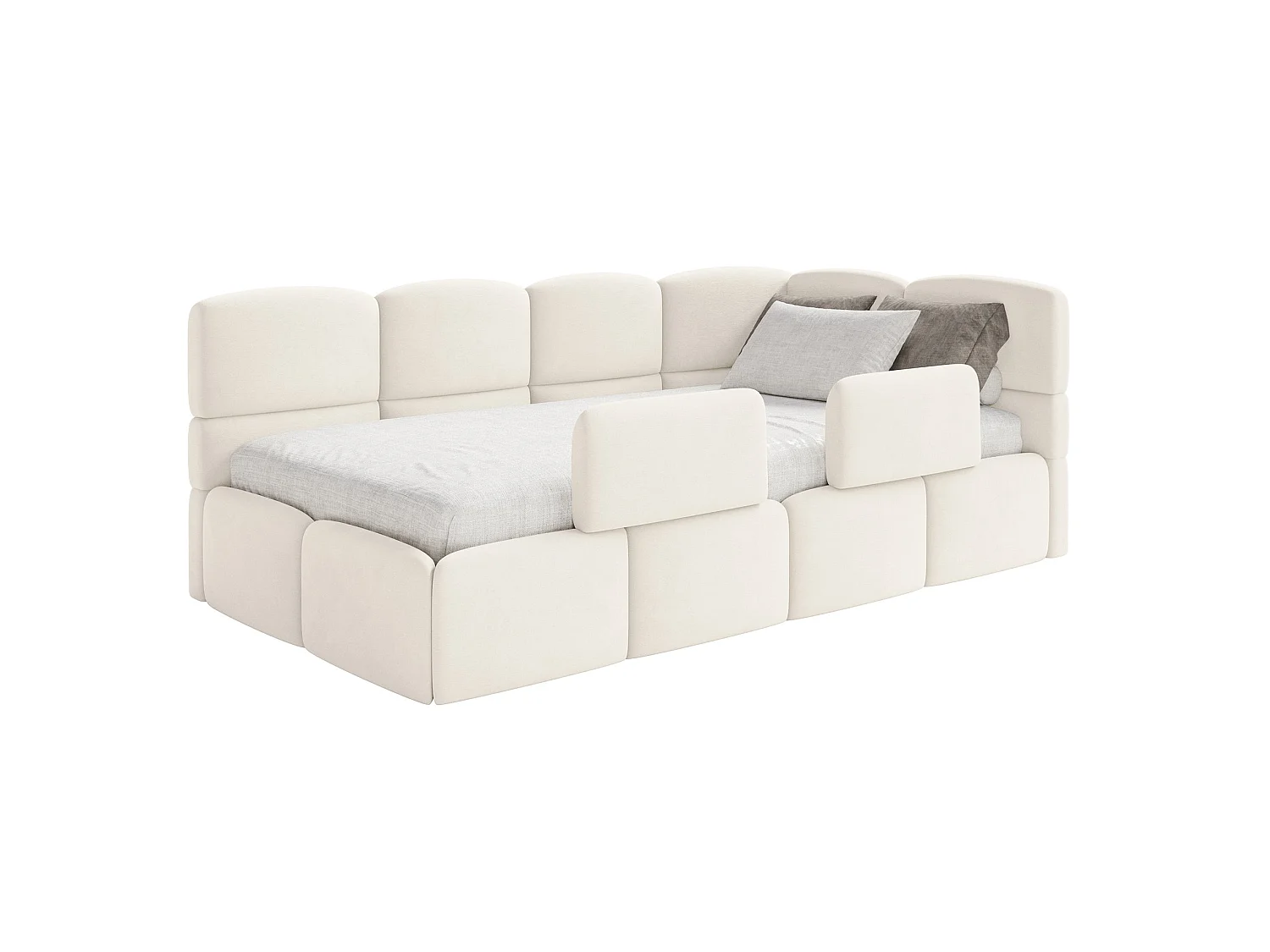 Lit enfant 90x200 – avec matelas & barrière – tête de lit à droite – velours Crème – CLOUDY