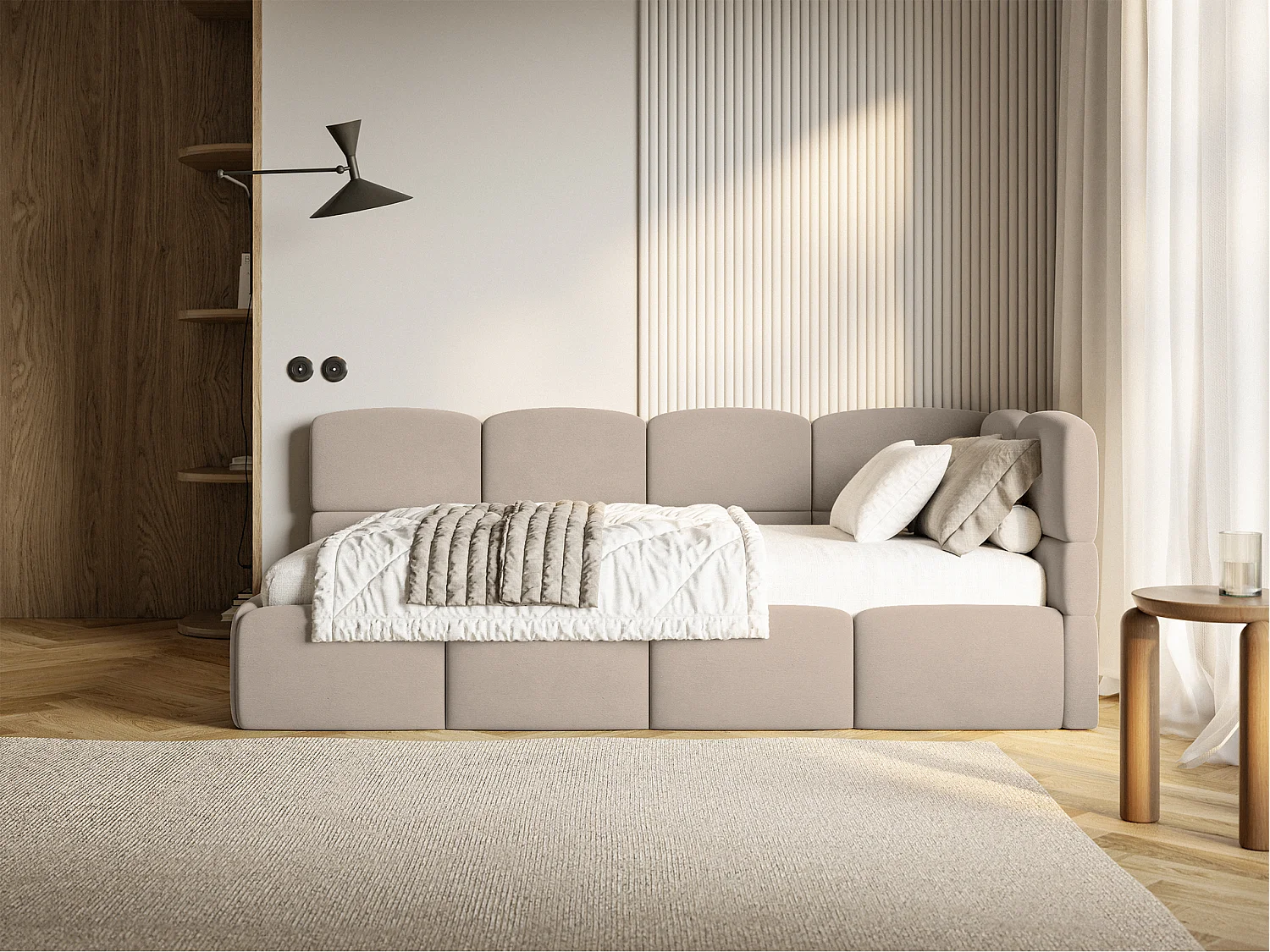 Jugendbett 90x200 – Kopfteil rechts – Samt Beige – CLOUDY