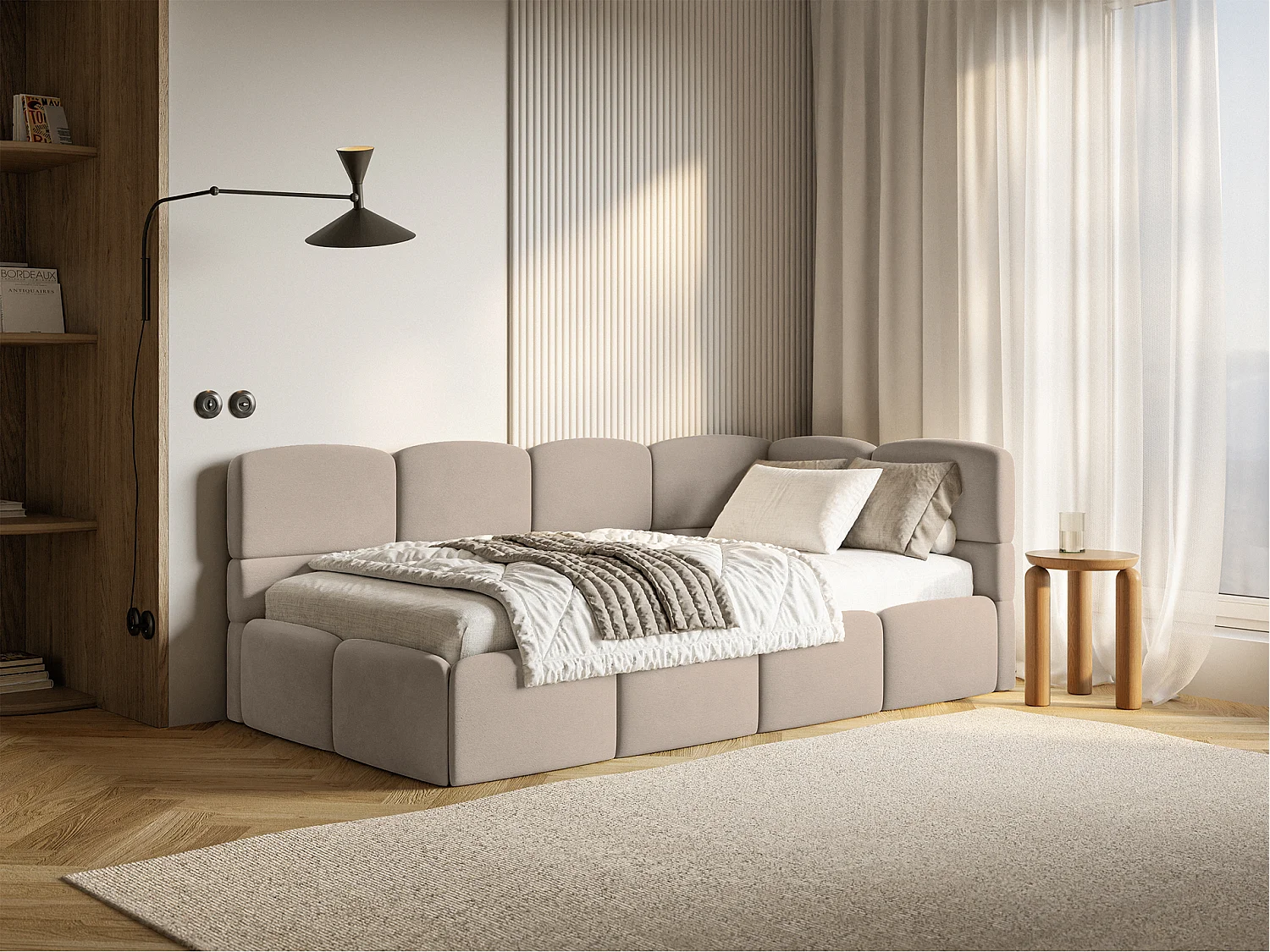 Jugendbett 90x200 – Kopfteil rechts – Samt Beige – CLOUDY