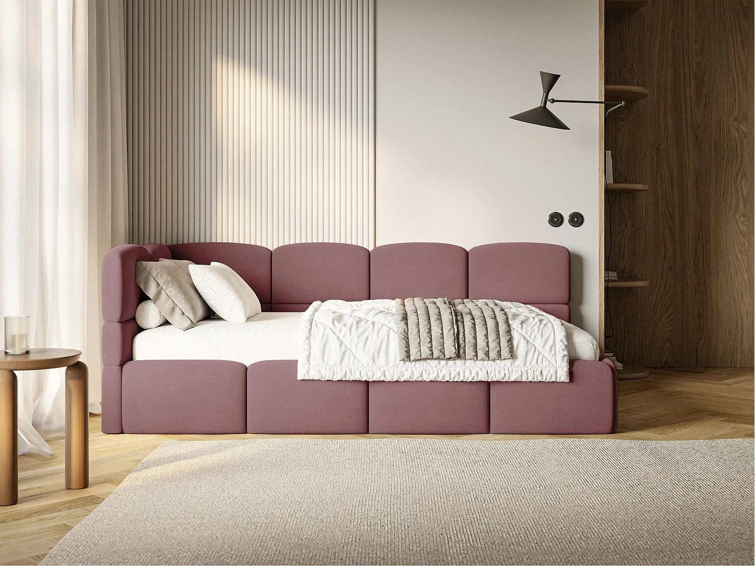 Lit ado 90x200 – tête de lit à gauche – velours Rose – CLOUDY