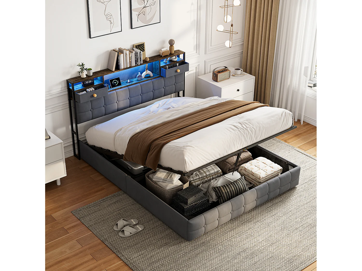 Lit double 140x200,LED Lit avec ports USB, Tête de lit avec étagères et tiroirs,Cadre de lit coffre avec rangement et sommier Gris velours