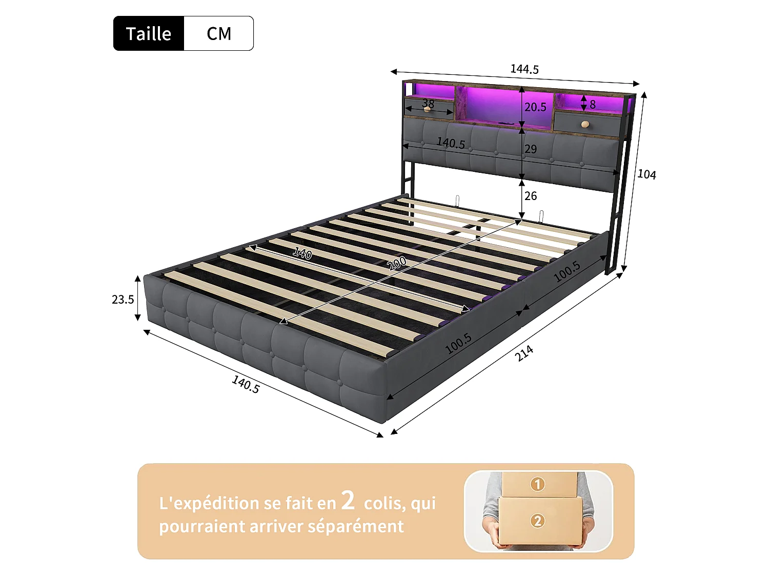 Lit double 140x200,LED Lit avec ports USB, Tête de lit avec étagères et tiroirs,Cadre de lit coffre avec rangement et sommier Gris velours