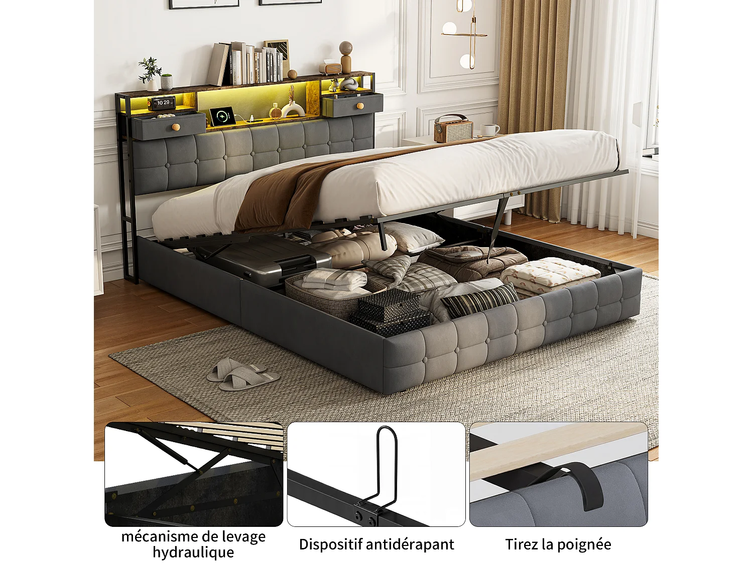 Lit double 140x200,LED Lit avec ports USB, Tête de lit avec étagères et tiroirs,Cadre de lit coffre avec rangement et sommier Gris velours