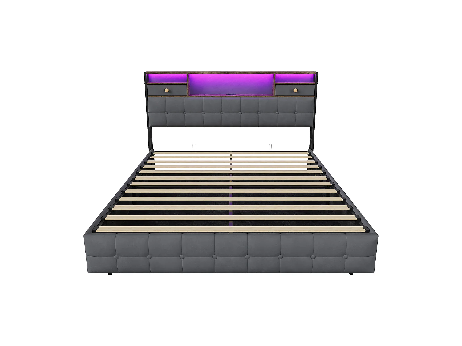 Lit double 140x200,LED Lit avec ports USB, Tête de lit avec étagères et tiroirs,Cadre de lit coffre avec rangement et sommier Gris velours