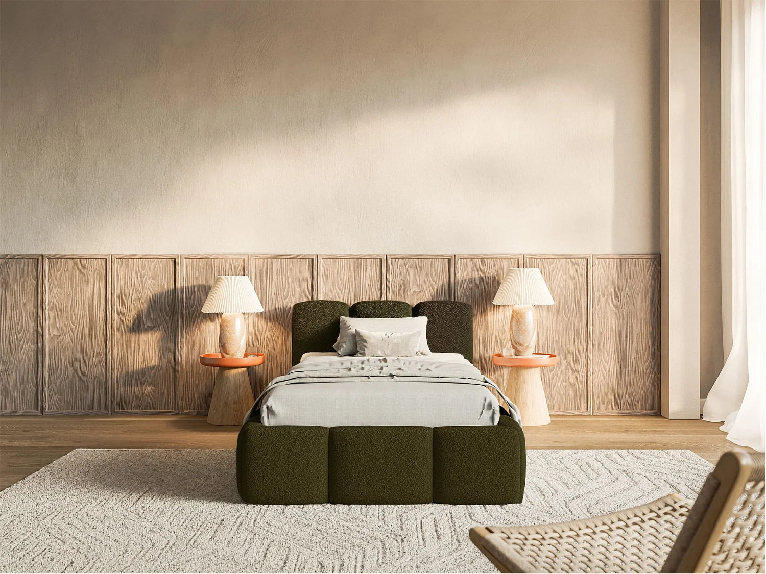 Lit rembourré 90x200 – Bouclé Vert olive – CLOUDY LOW