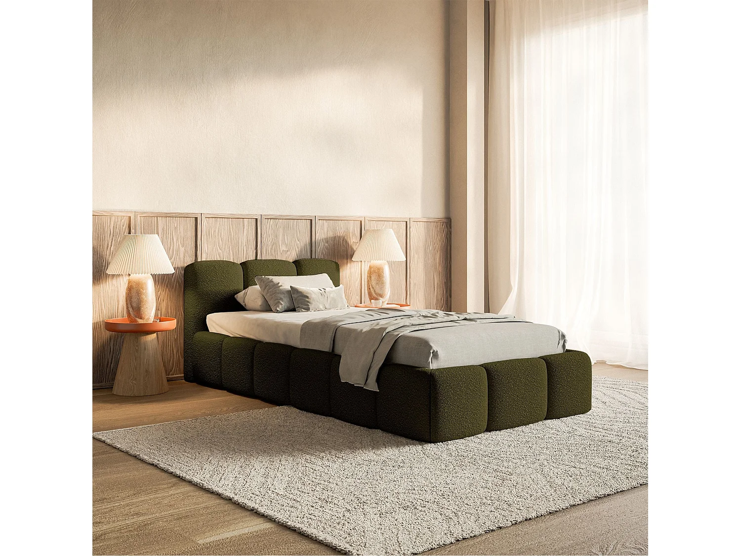 Lit rembourré 90x200 – Bouclé Vert olive – CLOUDY LOW