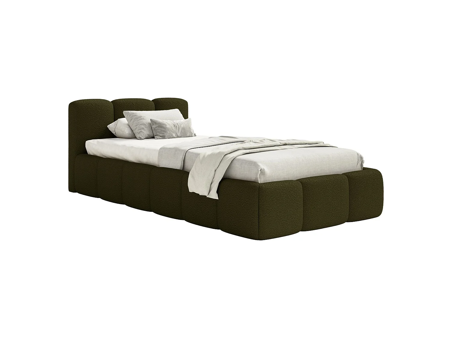 Lit rembourré 90x200 – Bouclé Vert olive – CLOUDY LOW