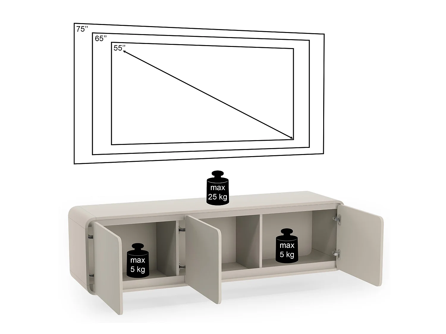 TV-Lowboard hängend 3-türig - Kaschmir - 156 cm - LUMMO