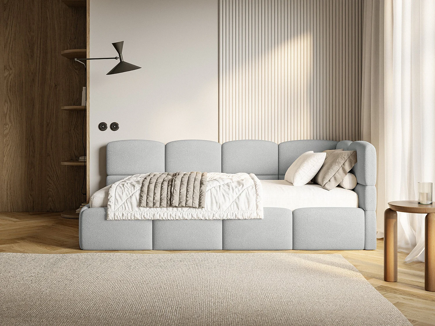 Tienerbed 120x200 – bouclé – lichtgrijs – links – CLOUDY
