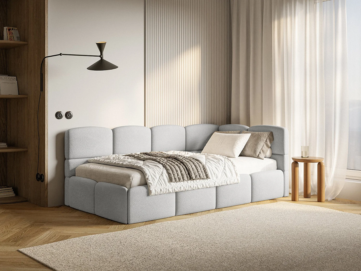 Tienerbed 120x200 – bouclé – lichtgrijs – links – CLOUDY