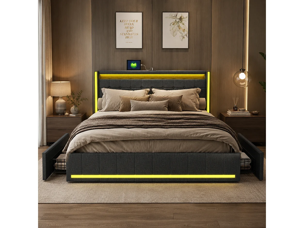 Lit rembourré 140x200 cm avec 4 tiroirs en métal, lit Coffre avec éclairage LED et Recharge USB, Lit avec tête de lit, Sommier à Lattes,  Lin, Gris foncé