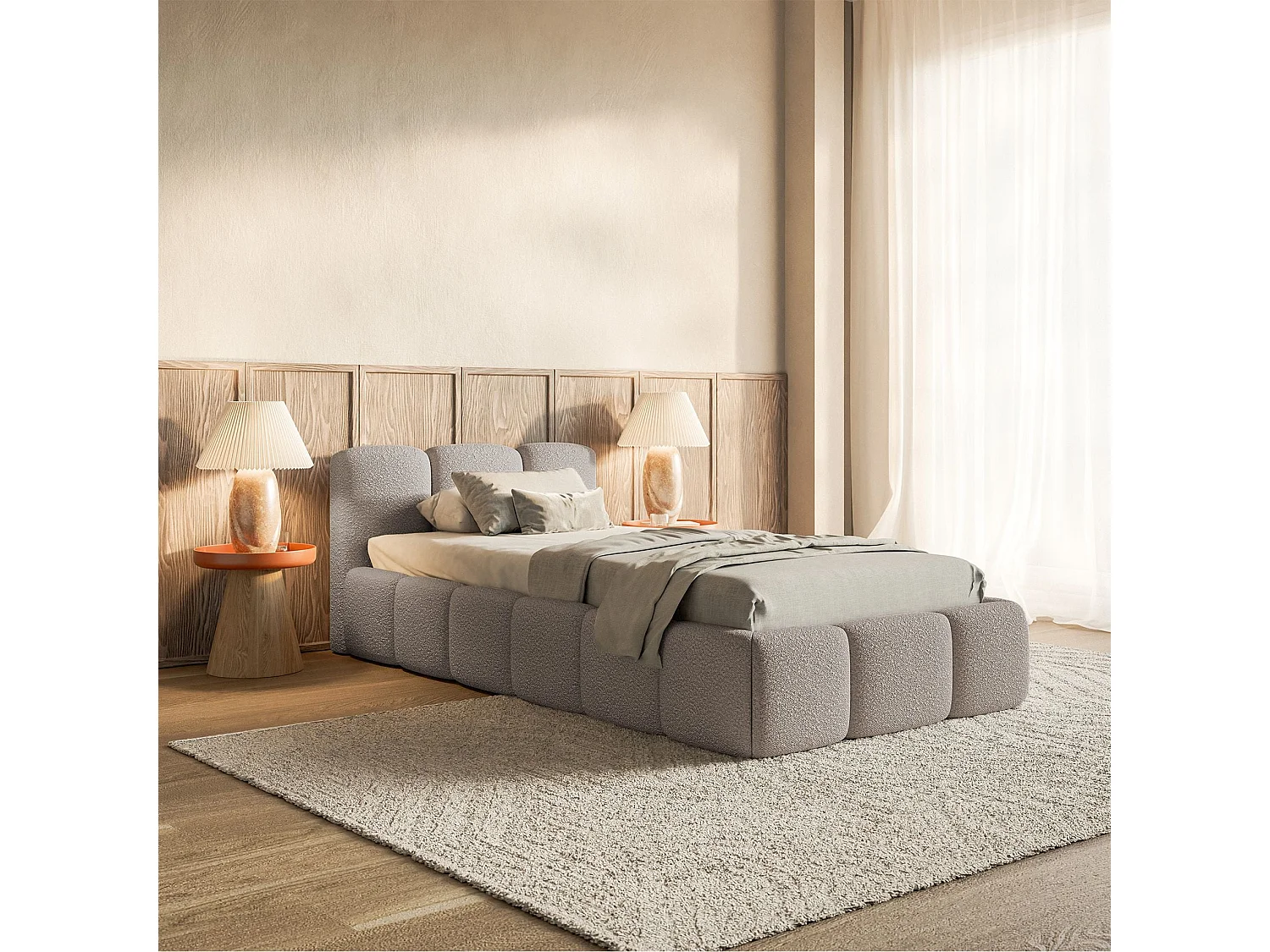 Gestoffeerd bed 90x200 cm – Bouclé Lichtgrijs – CLOUDY LOW