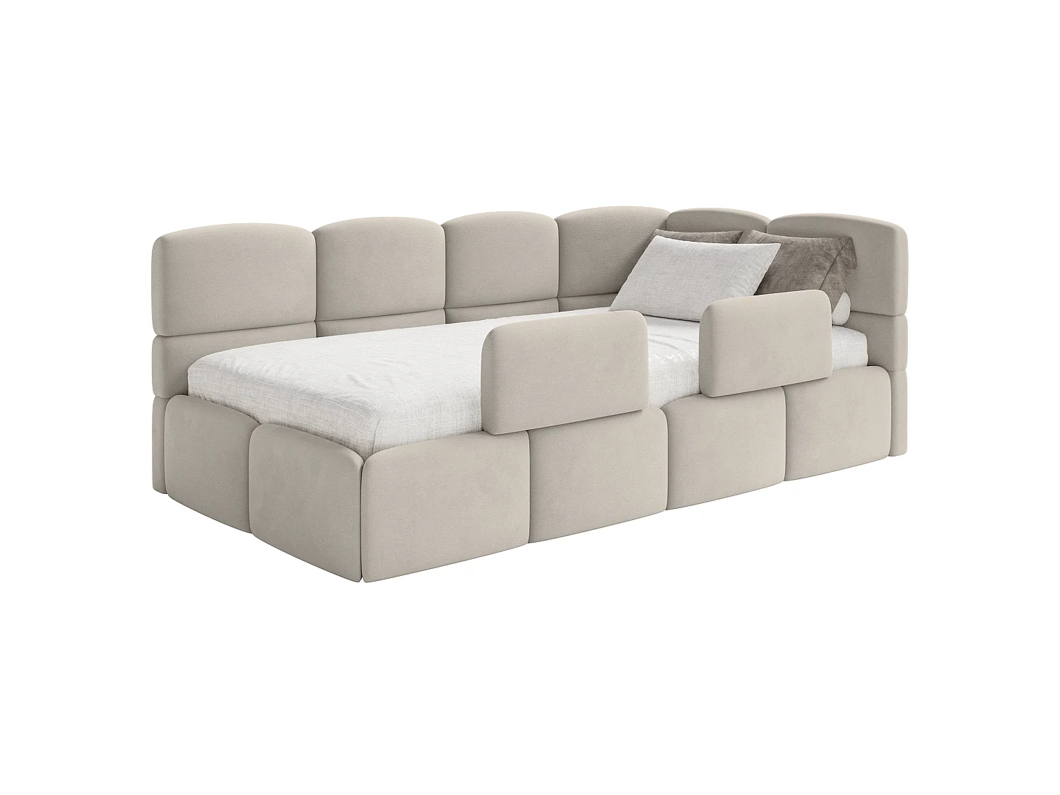 Lit enfant 120x200 cm – tête de lit à droite – matelas & coffre de rangement – velours beige clair – CLOUDY