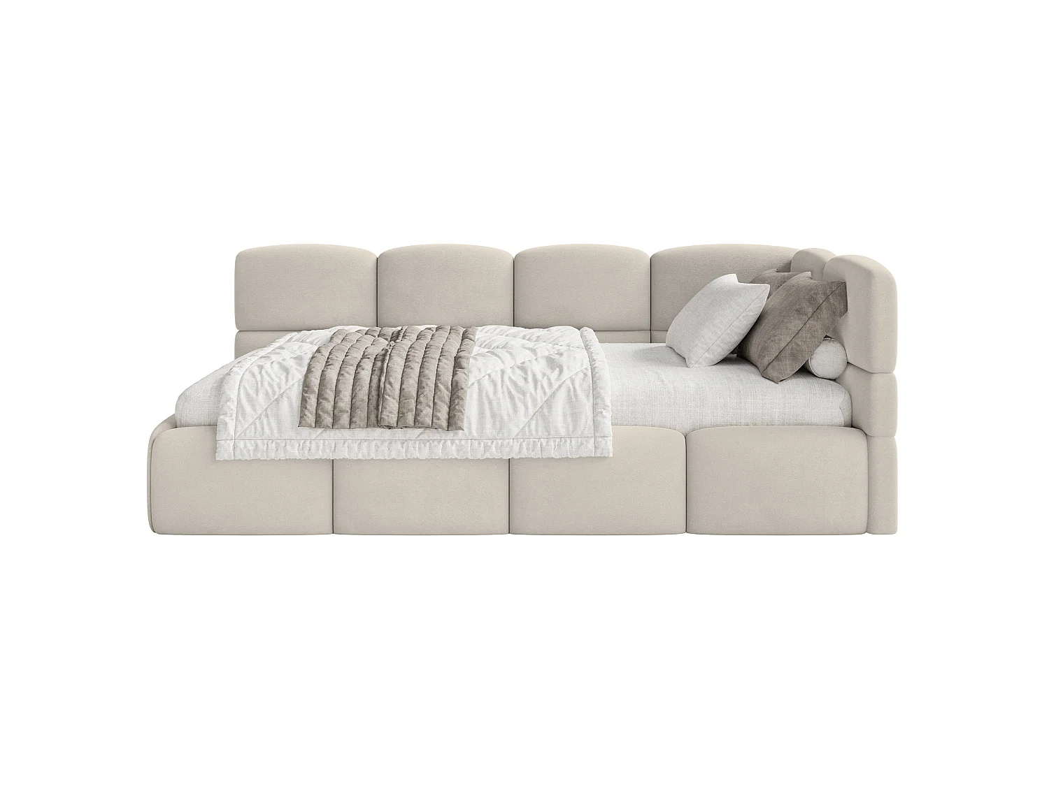 Lit enfant 120x200 cm – tête de lit à droite – matelas & coffre de rangement – velours beige clair – CLOUDY