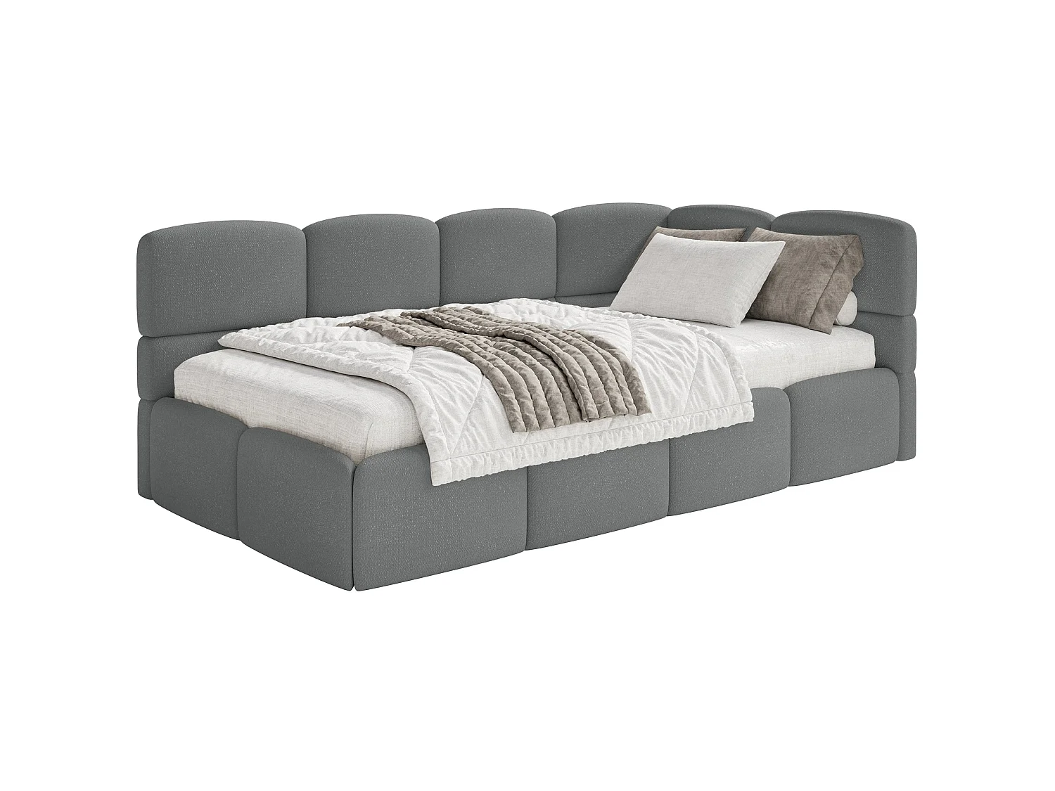 Tienerbed 120 cm – Opbergbak – Chenille – Hoofdbord rechts – Donkergrijs – CLOUDY