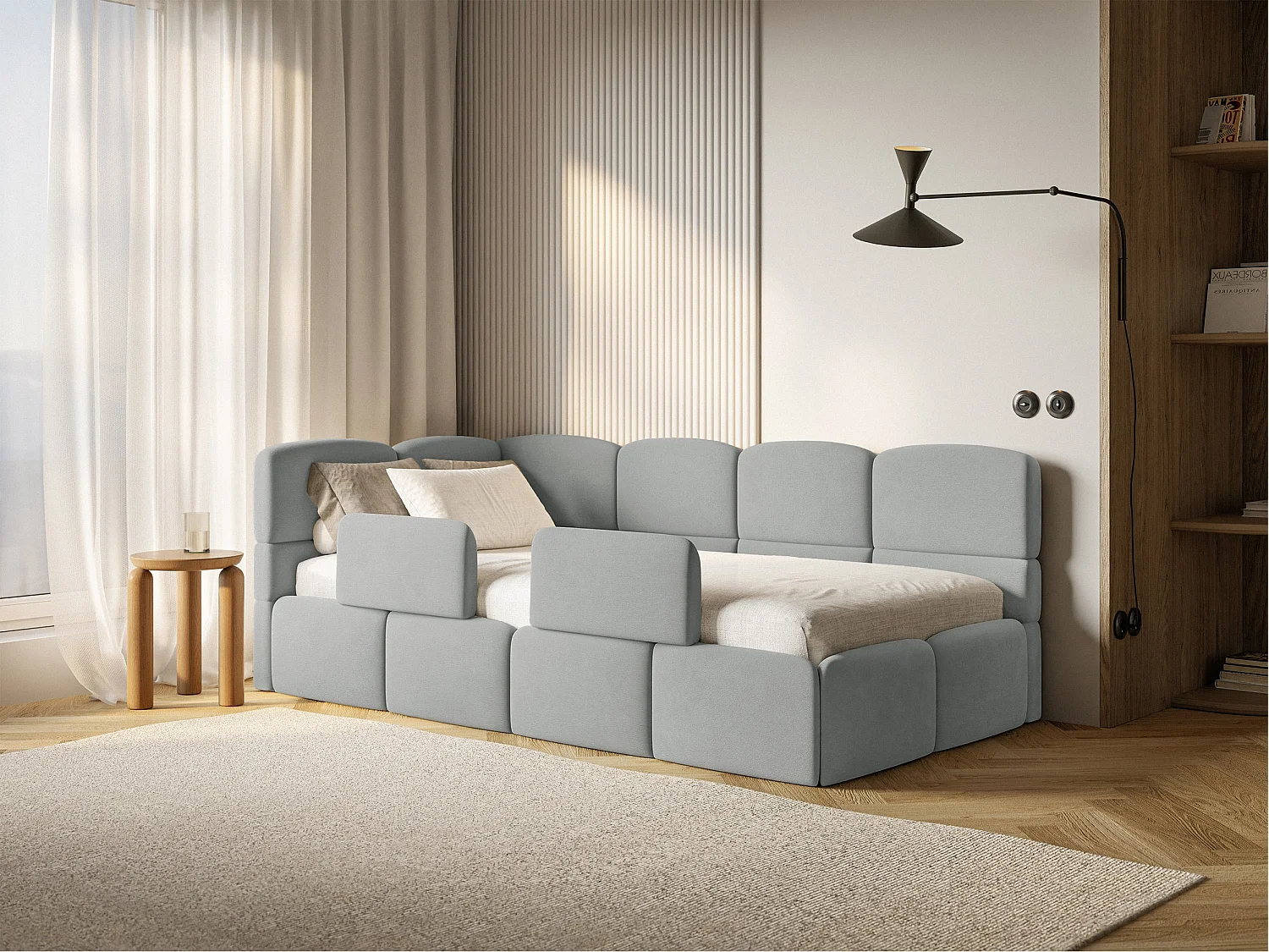 Lit enfant 120x200 cm – tête de lit à gauche – 2 barrières – velours gris – CLOUDY